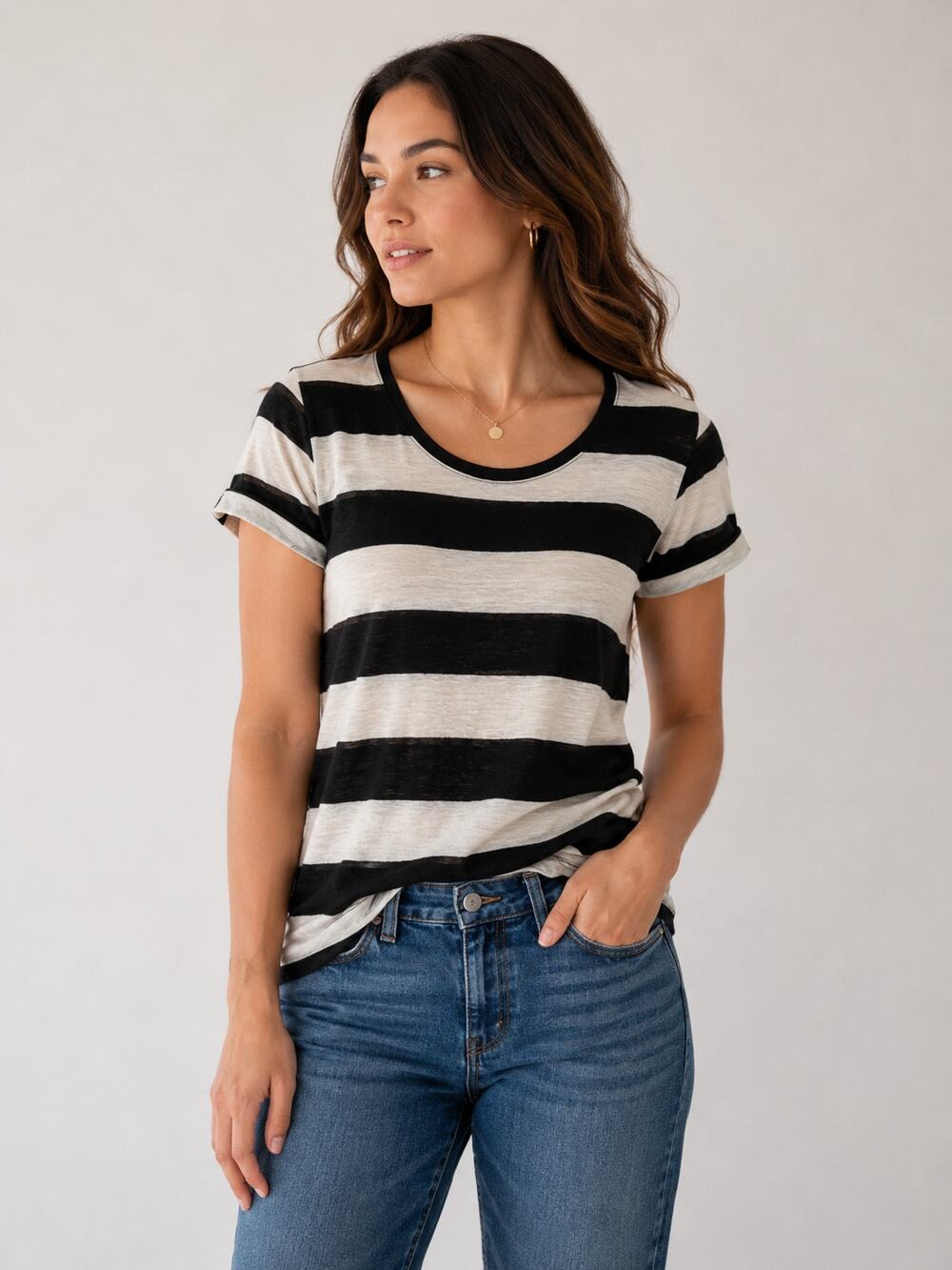 J.Crew Linen Roll Cuff Crewneck T Shirt Womens XS Black Cream Striped Boxy Tee